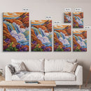 Coastal Waterfall, Ocean Rocks, Tropical Seascape, Sunset Art, Framed Canvas Print bathroom decor, beach lovers gift, colorful nature art