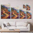 Winding Trail, Ocean Cliffs, Coastal Landscape, Mountain View, Framed Canvas Print, rustic wall art, cabin decor, colorful nature painting