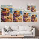 Wagon Ocean, Boho, Beach Scene With Hat Art, Framed Canvas Print, Eclectic Living Room Wall Art, Summer Coastal Decor, Vibrant Colors