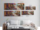 Coastal Café, Ocean View, Umbrella Patio, Bright Florals, Framed Canvas Print, Kitchen Wall Art, Mediterranean Style, Garden Dining Art