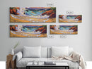 Wave Crash, Rocky Beach, Golden Coast, Tropical Splash, Framed Canvas Print, Coastal Wall Art, Bold Bathroom Decor, Surf Art Style