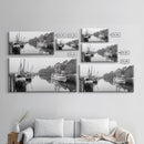 Fishing Boats Docked, Quiet Harbor Scene, Nautical River View, Framed Canvas Print, Kitchen Wall Art, Rustic Coastal Decor, Lodge Wall Art