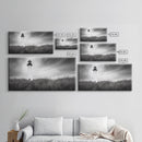 Lighthouse Grass, Seaside Tower, Stormy Sky, Black White, Framed Canvas Print, Beach Bathroom Art, Minimalist Decor, Nautical Print