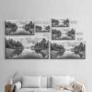 Forest Shoreline, Pebble Beach, Misty Inlet, Calm Waters, Canvas Print, natural modern art, neutral palette, living room wall decor