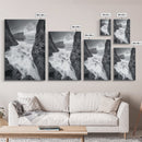 Stormy Coast, Crashing Waves, Ocean Drama, Framed Canvas Print, Living Room Wall Art, Bold Seascape Photography, Monochrome Modern Art