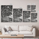 Coastal Tree Path, Nature Shadows, Ocean Breeze, Autumn Light, Framed Canvas Print, Living Room Wall Art, Moody Landscape Photography