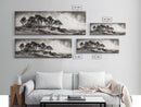 Coastal Pines, Ocean View, Windswept Trees, Framed Canvas Print, Minimalist Landscape Art, Neutral Tones, Entryway Wall Decor