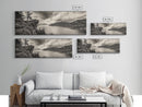 River Cliff View, Forested Mountains, Timeless Horizon, Framed Canvas Print, Living Room Wall Art, Cabin Rustic Decor, Moody Nature Art