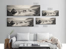 Rocky Coastline, Ocean Cliffs, Soft Waves, Long Exposure Landscape, Framed Canvas Print, Nautical Wall Art, Calm Living Room Decor