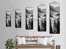 Foggy Mountains, Pine Forest, Valley Mist, Calm Landscape, Canvas Print, entryway wall art, cozy cabin vibes, grayscale art style