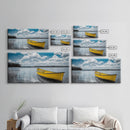 Yellow Rowboat, Calm Waters, Blue Sky, Sunny Lake – Framed Canvas Print, Summer Wall Art, Coastal Decor, Modern Nautical Style