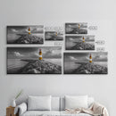 Yellow Lighthouse, Stone Jetty, Coastal Clouds, Nautical Scene, Framed Canvas Print, Coastal Wall Art, Office Decor, Lighthouse Photography