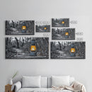 Lantern In Woods, Vintage Glow Light, Rustic Forest Scene, Canvas Print, Cabin Wall Art, Autumn Evening Mood, Minimalist Nature Decor