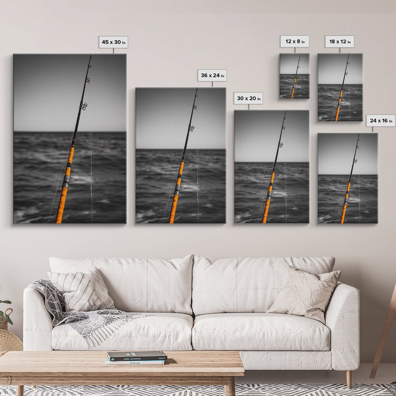 Fishing Pole, Ocean Rod, Angler Focus, Sea Horizon, Framed Canvas Prin