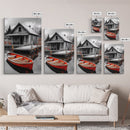 Cabin Reflection, Rustic Rowboat, Autumn Red, Lake Dock, Canvas Print, Fall Wall Art, Country Home Decor, Rustic Landscape, Lodge Style Art