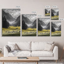 Yellow Meadow Valley, Foggy Mountain Scene, Serene Landscape Photography, Framed Canvas Print, Nature Lover Living Room Wall Art