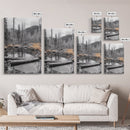 Forest Pond, Moody Woods, Black and White, Autumn Grass, Framed Canvas Print rustic cabin art, nature wall decor, woodland living room art