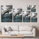 Dolphin Splash, Ocean Wildlife, Underwater Grace, Black White Sea Art, Canvas Print, Bathroom Wall Art, Coastal Decor, Marine Life Style