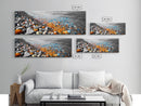 Colorful Pebble Shore, Vibrant Lake Stones, Blue Orange Rocks, Framed Canvas Print, Boho Coastal Style, Bathroom Wall Art