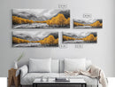 Golden Trees Trail, Snowy Peaks, Serene Landscape, Framed Canvas Print, Autumn Home Decor, Cozy Wall Art, Cabin Aesthetic