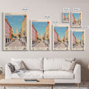 Queluz Portugal Travel Poster Framed Canvas Print, Midcentury Modern Art, Pop Art Wall Decor, Scenic Bedroom Art, Office Decoration