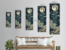Moonlit Night With Japanese Lanterns Art On Framed Canvas Print In Ukiyo-e Style Tall Skinny Ethereal Wood Block Wall Decor
