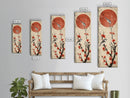 Delicate Birds Perched On Blooming Branch With Red Sun For Traditional Japanese Wall Art Decor Ukiyo-e Style Framed Canvas Print