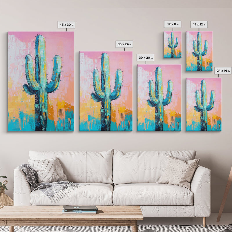 Abstract Cactus Painting, Boho Desert Art, Pink Green Wall Art, Southwest Wall Decor, Framed Canvas Print, Bold Colorful Art