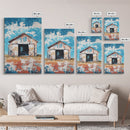 Rustic Barn, farmhouse art, landscape painting, blue and green wall art, extra wide art, panoramic art, Framed Canvas Print