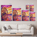 Sunset Wagon Wheel, Bold Color Painting, Southwest Wall Art, Framed Canvas Print, Rustic Decor, Western Aesthetic, Extra Wide Art, Gift Idea
