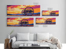 Sunset Wagon Wheel, pink orange wall art, bold color art, boho art, panoramic painting, extra wide art, framed canvas print, landscape painting