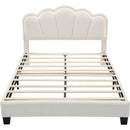 Full Size Upholstered Flower-Shape Bed, Elegant Flowers Headboard with LED Light Strip, Sherpa Fabric Platform Bed with Wooden Slats Support, White
