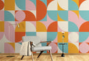Geometric Shapes Contemporary Wall Mural. Pastel Color Orange, Pink, Blue, White.