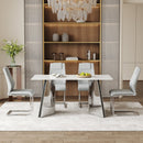 Table and chair set.63'x31.5x30' Luxurious Snow Mountain Patterned Sintered Stone Table with Silver Metal Butterfly Legs.Paried With 4 Light Gray High-quality PU Chairs With Arched Metal Legs.