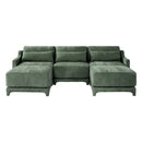 Elegant Three-Seater Sofa with Movable Ottomans and Lumbar Pillow in Green Chenille Fabric