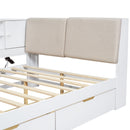 White Wooden Full Size L-shaped Daybed with Storage Bookcase, Upholstered Headboard, USB Charging Ports
