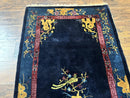 Antique Chinese Peking Rug 3x6, Dark Blue, Bird Motif, Handmade Wool Art Deco Asian Oriental Carpet, Pair B