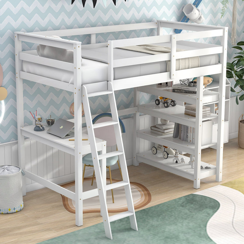 Twin Loft Bed with desk, ladder, shelves, White