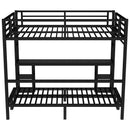 Queen Over Twin XL Metal Bunk Bed/Loft Bed with Desk and Shelves, Multiple Uses Folds into Sofa with LED and USB, Black