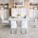 Table and chair set.64.5 x 35.4 Inch Stylish White Marble Textured Dining Table,Perfectly Blending Simplicity And Transparency.Paried With 6 White High-quality PU Chairs With Arched Silver Metal Legs.