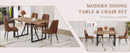 Table and chair set.A minimalist retro rectangular dining table with a wood color fishbone patterned textured top and black metal legs.Paired with 4 Brown Technology-Fabric Material Dining Chairs.