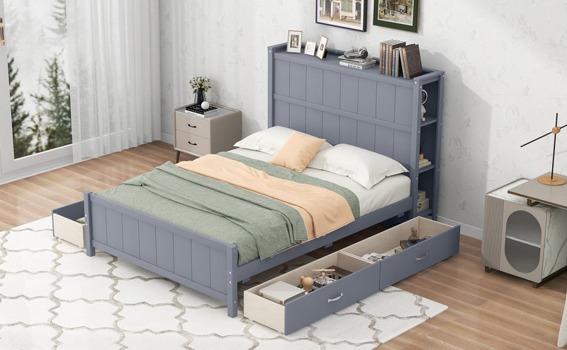 Full Size Platform Bed with Drawers and Storage Shelves, Gray