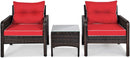 Red 3 Piece Outdoor Patio Furniture Set With Wicker Chairs And Glass Top Coffee Table