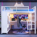 Queen Size Loft Bed Frame with Built-in Wardrobe, Metal Loft Bed with Desk and Storage Shelves, White
