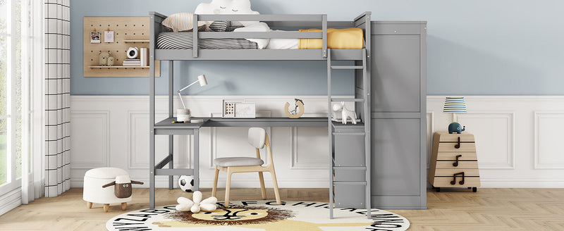 Full size Loft Bed with Desk, Shelves and Wardrobe-Gray