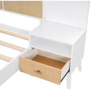 Queen Size Solid Wood Bed Frame with 2 Nightstands, Elegant Design with Lamps, Rattan and Wood Combination,White