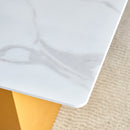 Table and chair set.Large modern rectangular table with 0.4 inch patterned glass tabletop and large MDF table legs.Comes with 8 chairs with faux leather cushioned seats and golden metal legs.