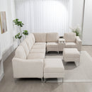 Convertible Sectional Corduroy  Sofa with Storage Ottoman,Cupholders, USB Ports for Living Room Apartment,Beige