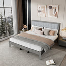 Mid-Century Solid Wood Platform Bed with Upholstered Headboard in Grey Fabric, King Size