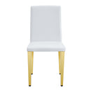 A Set of 4 White PU Leather Backrest Chairs with Gold Metal Legs - A Perfect Match, Suitable for Minimalist and Contemporary Home Décor Styles, With Product Dimensions of 16.2*18.5*34.6 inches
